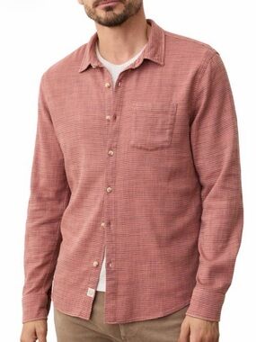 Marine Layer Men’s Striped Textured Cotton Button-Up Shirt Rust Terracotta LG